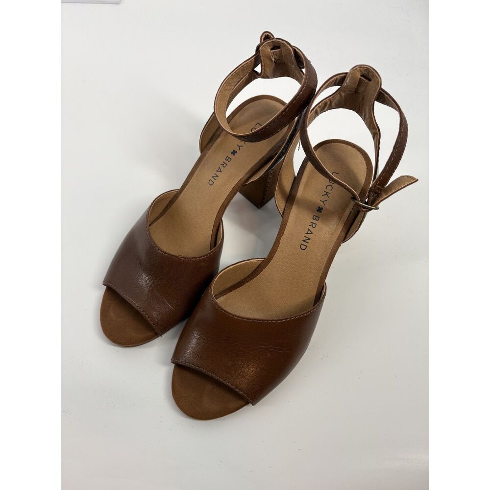 Lucky Brand Brown Leather Block Heel/ Ankle Strap Open Toe Heels